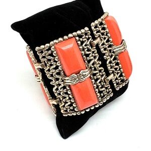 Vintage Coral Thermoset Panel Link Filigree Bracelet